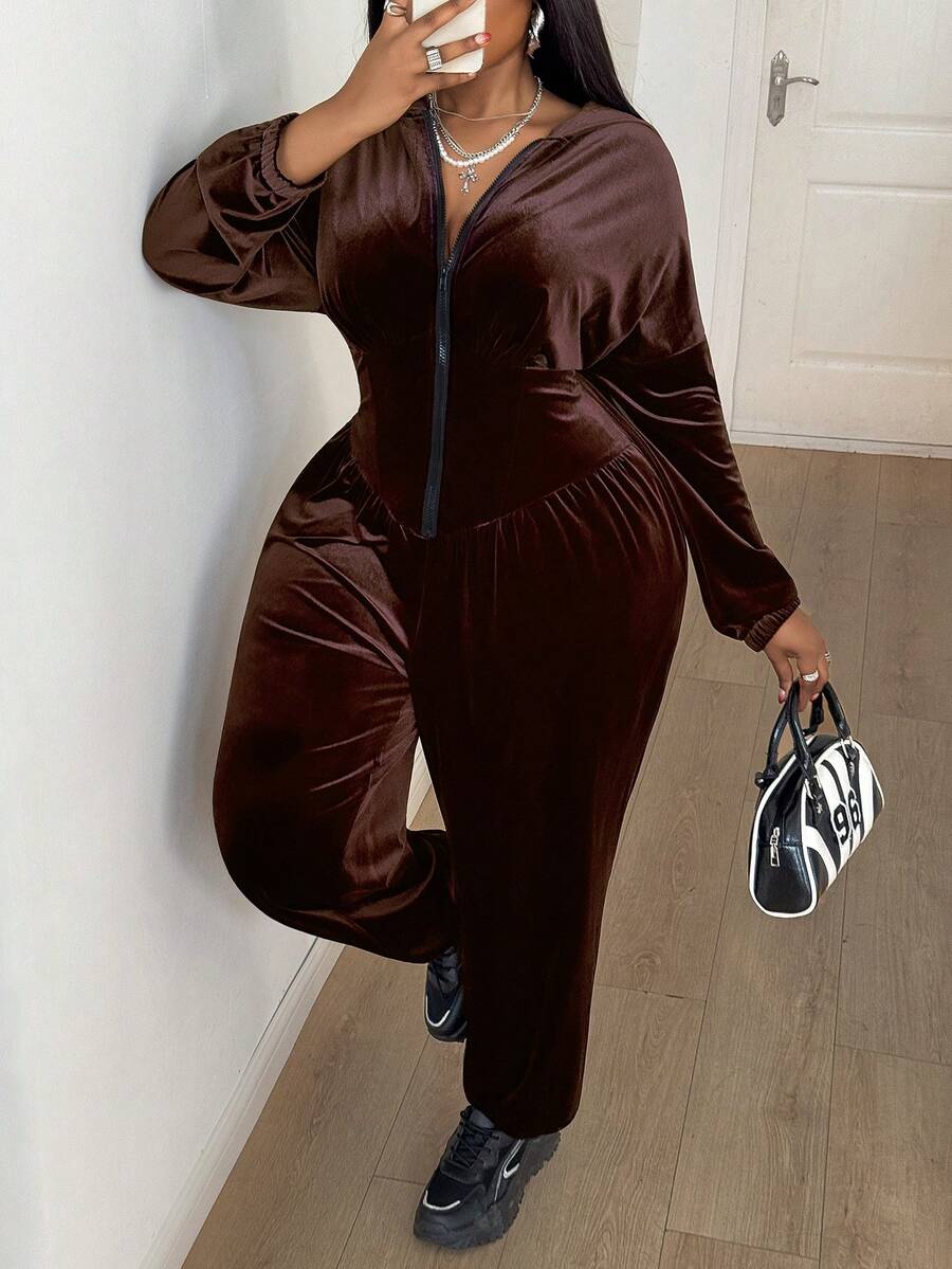 Maweii Bộ đồ liền thân có mũ trùm đầu màu trơn cỡ lớn - màu nâu - Xem 1