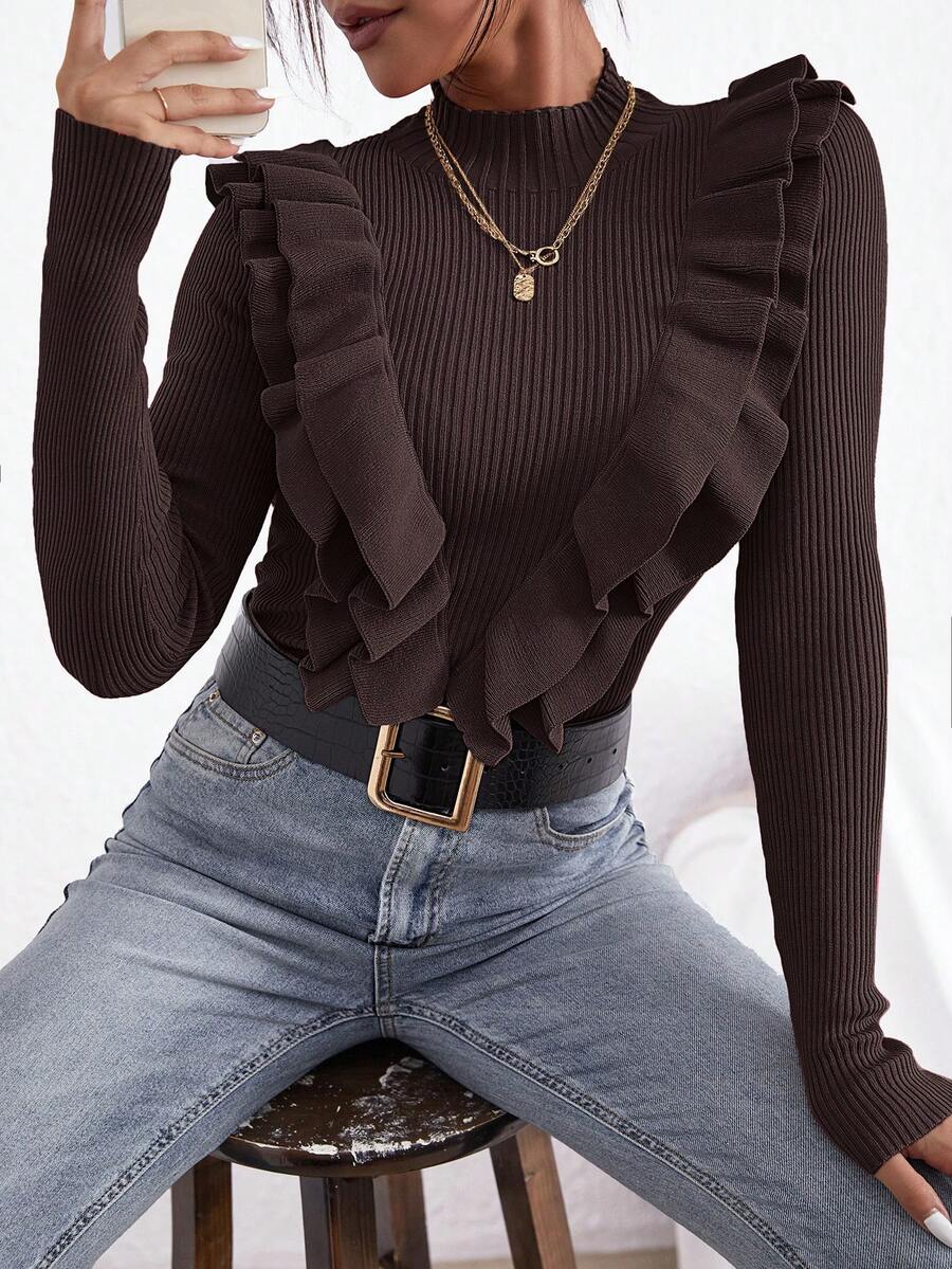 Firerie Women's Solid Color Stand Collar Patchwork Ruffle Hem Long Sleeve Fitted Sweater, Autumn/Winter