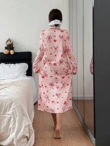 SHEIN 蝴蝶结爱心印花针织宽松长袖睡裙，冬季 - 彩色 - 查看 2