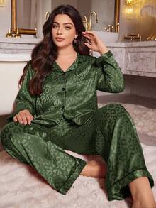 Plus Size Leopard Print Jacquard Faux Silk Lapel Top & Pants Pajama Set, Fall Winter Clothes, Christmas