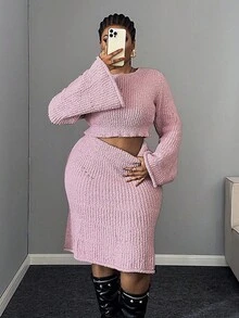 Maweii Damen Große Größen 2-teiliges Set: Einfarbiges Pulloverkleid mit Rundhalsausschnitt - Pink - Übersicht 3