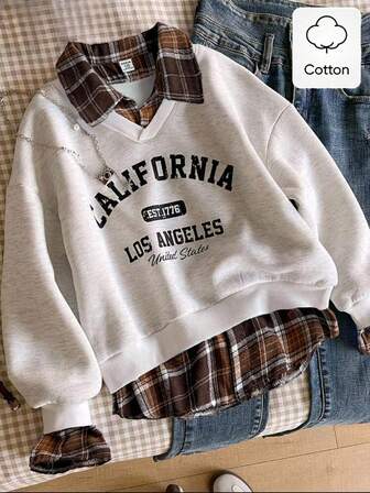 Genkimix Kids 少女休闲韩版卫衣，棕色格纹图案搭配灰色纯色针织面料，正面饰有黑色英文印花，罗纹领口、袖口和下摆，长袖套头衫，适合大龄女孩返校、春、秋、冬季穿着，简约韩式时尚，适合日常、上学、外出和派对等场合，展现秋季学院风可爱学院风。