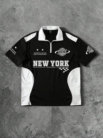 PAVTROS Camisa polo casual de hombre para ir al trabajo con eslogan gráfico, camisa de rugby de manga corta, nueva camisa de moda de Nueva York para hombres