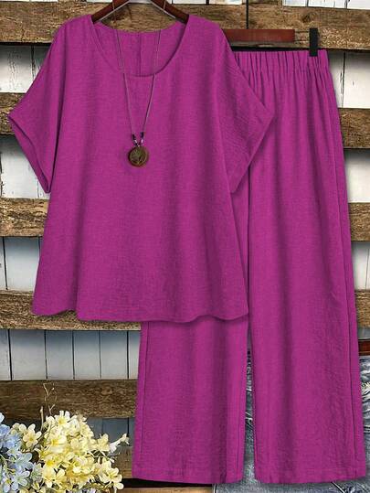 EMERY ROSE Conjunto de 2 piezas de top de manga corta de cuello redondo y pantalones de uso diario minimalista de unicolor para mujer de talla grande