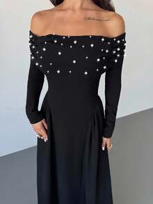 Firerie Vestido largo de línea A con hombros descubiertos, manga larga, fruncido y cuentas para mujer, vestido elegante y sexy para eventos de noche, vestido vintage con decoración de perlas, adecuado para primavera, verano, otoño, elegante, viajes, sexy, vacaciones, playa, estilo bohemio, Hawái, festivales de música, romántico, citas, fiestas, bodas, graduación, actuaciones, conciertos, trabajo, regreso a clases, cumpleaños de mujer - Negro - Ver 10