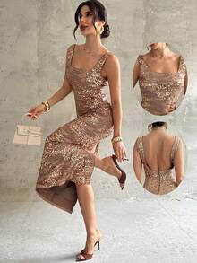 Firerie Đầm Maxi xẻ tà hở lưng cổ vuông đính sequin, Đầm dạ hội đính sequin, Đầm dự tiệc thanh lịch gợi cảm, Đầm đính sequin không tay, Đầm đính sequin hoa 3D, Thích hợp cho mùa xuân, hè, thu, đông, thanh lịch, đi làm, hẹn hò, tiệc tùng, đám cưới, tốt nghiệp, biểu diễn, hòa nhạc, công sở, trở lại trường, họp thường niên, sinh nhật, ngày lễ - màu nâu - Xem 2