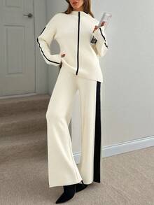 EURMUSE Áo len nữ phối hợp với quần sọc và áo len - Kem - Xem 4