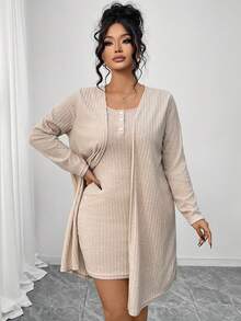 SHEIN PETITE CURVE Bộ 2 món áo khoác cardigan tay dài màu trơn có gân và đầm không tay thường ngày cho nữ cỡ lớn - Màu be - Xem 3