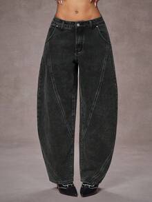 Jeanoix 女士Y2K低腰街头风破洞拼接阔腿牛仔裤 - 黑色 - 查看 6