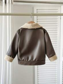 SHEIN Infant Boys' Casual Comfortable Loose Fit Faux Leather Lapel Long Sleeve Jacket, Autumn/Winter - Coffee Brown - View 2
