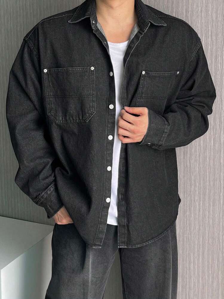 Men's Black Washed Vintage Denim Shirt, Autumn