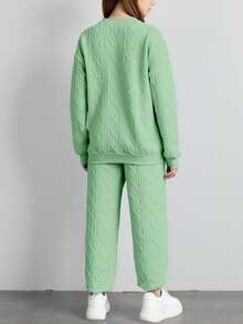 SHEIN 2件套 大童休闲标语贴花图案提花编织格纹纹理面料圆领卫衣和运动裤，秋冬季 - 綠色 - 查看 2