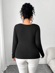 Elenzga Maglietta casual a maniche lunghe con colletto asimmetrico, taglie comode per donna - nero - Visualizzare 2