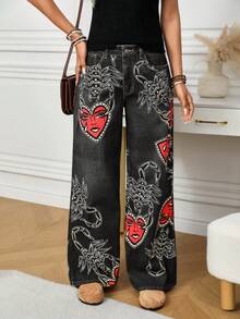 SHEIN LUNE Women's Scorpion Print Pocket Wide Leg Loose Casual Jeans Pattern Pants Women Wide Leg Pants Palazzo Pants Women Bohemian Pants - Black - View 4