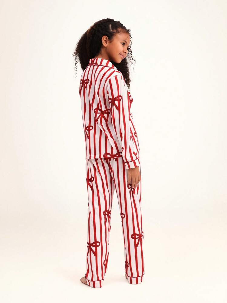 Striped Button Up Pajamas With Bow Print