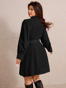 Elaquor Plus Size All-Match Black Shirt Dress For Women, Detachable Belt, Versatile For All Seasons - Black - View 2