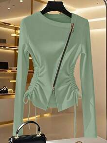 Franclia 时尚法式风情侧边收腰不对称领金属拉链白色女士长袖T恤，春秋季 - 綠色 - 查看 3