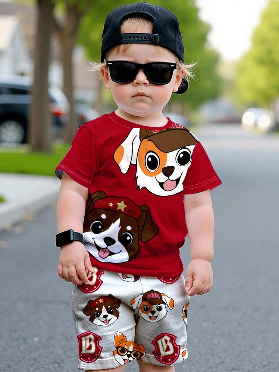 Bubblio 2pcs PUPPIES Kids Graphic Casual Crew Neck Short Sleeve T-Shirt And Shorts Set, Suitable For Summer - Multicolor - View 1