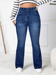 SHEIN ICON Celana Jeans Wanita Ukuran Besar Pinggang Tinggi Saku Model Flare Kasual Serbaguna - Dark Wash - View 5