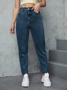 SHEIN ICON Women's Casual Versatile Denim Mom Jeans With Pockets - Dark Wash - View 11