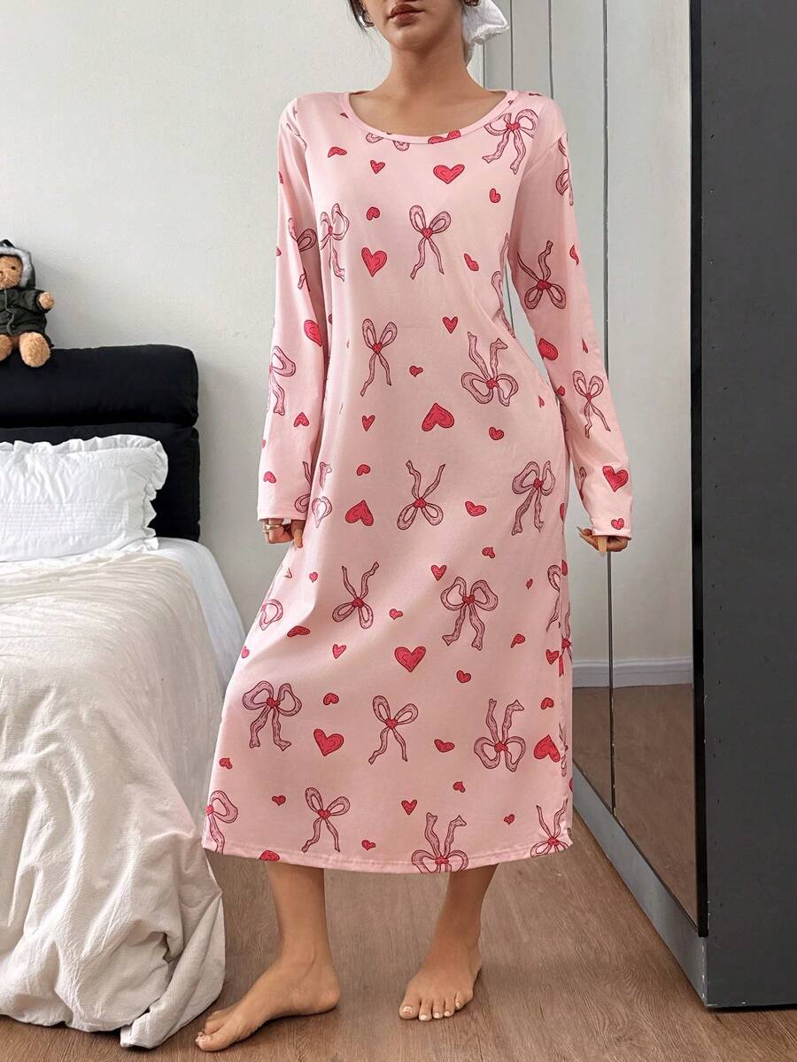 SHEIN 蝴蝶结爱心印花针织宽松长袖睡裙，冬季 - 彩色 - 查看 1