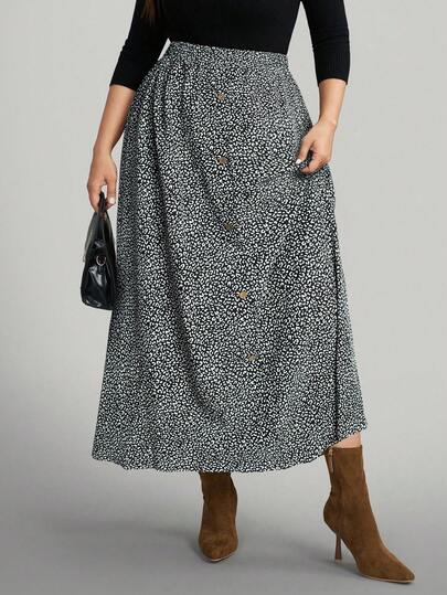 Comfylo 夏季加大码女装小豹纹长裙，前中纽扣装饰，夏季服装