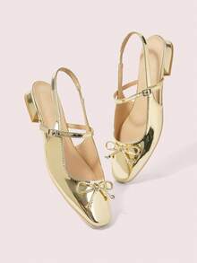 CUCCOO DOLLMOD 时尚金色蝴蝶结装饰玛丽珍平底鞋，方头露跟休闲鞋，适合通勤、约会、派对、购物、上学、可爱甜美 - 金色 - 查看 4