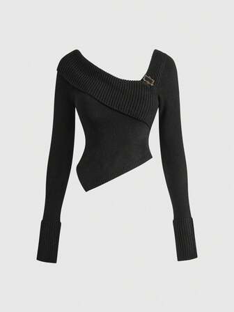 J-Fashion Pull court en tricot sexy à épaules obliques pour femmes, style de rue avec boutons décoratifs