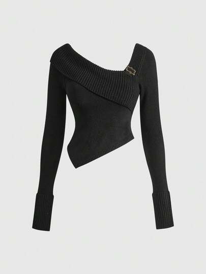 J-Fashion Maglione corto in maglia sexy con spalla obliqua, stile da strada con decorazione a bottoni per donna