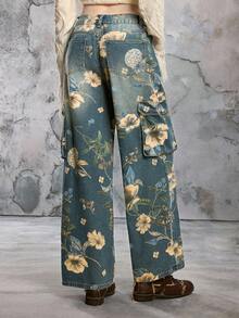 ROMWE EDITION 复古印花水洗宽松阔腿工装牛仔裤，女士夏季款 - 藍色 - 查看 3