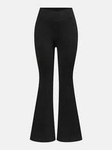 Girlism 2pcs/Set Teen Girls Basic Mid-Calf Flare Leggings, Black & Brown Waistband Criss-Cross Design Skinny Casual Flare Pants Set - Brown - View 9