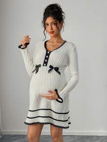 SHEIN Women's Fitted V-Neck Rhinestone Bow Contrast Color Design Elegant Date Night Long Sleeve Pullover Maternity Sweater Dress - Black and White - View 4
