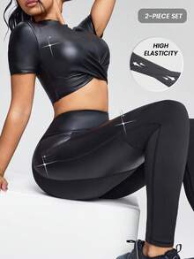 Innovista Bộ đồ khiêu vũ Latin dành cho nữ, áo crop top ngắn tay màu trơn và quần dài. Bộ đồ thể thao hai mảnh ánh kim sang trọng dành cho nữ - áo crop top bằng da mềm mại và quần legging cạp cao. Độ co giãn cao, thoáng khí, thích hợp cho phòng tập gym, yoga, tập luyện cường độ cao ngắt quãng (HIIT), pilates và tập luyện ngoài trời. Thiết kế tinh tế, màu sắc tự nhiên lấp lánh. Trang phục thể thao đa năng, bóng bẩy, phong cách tiện dụng. - màu đen - Xem 3