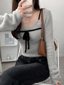 FRIFUL Women's Apricot Solid Color Inner Pocket Sleeveless Jacket, Long Sleeve Contrast Color Drawstring Bow Knit Sweater 2 Pieces Set, Autumn - Light Grey - View 5