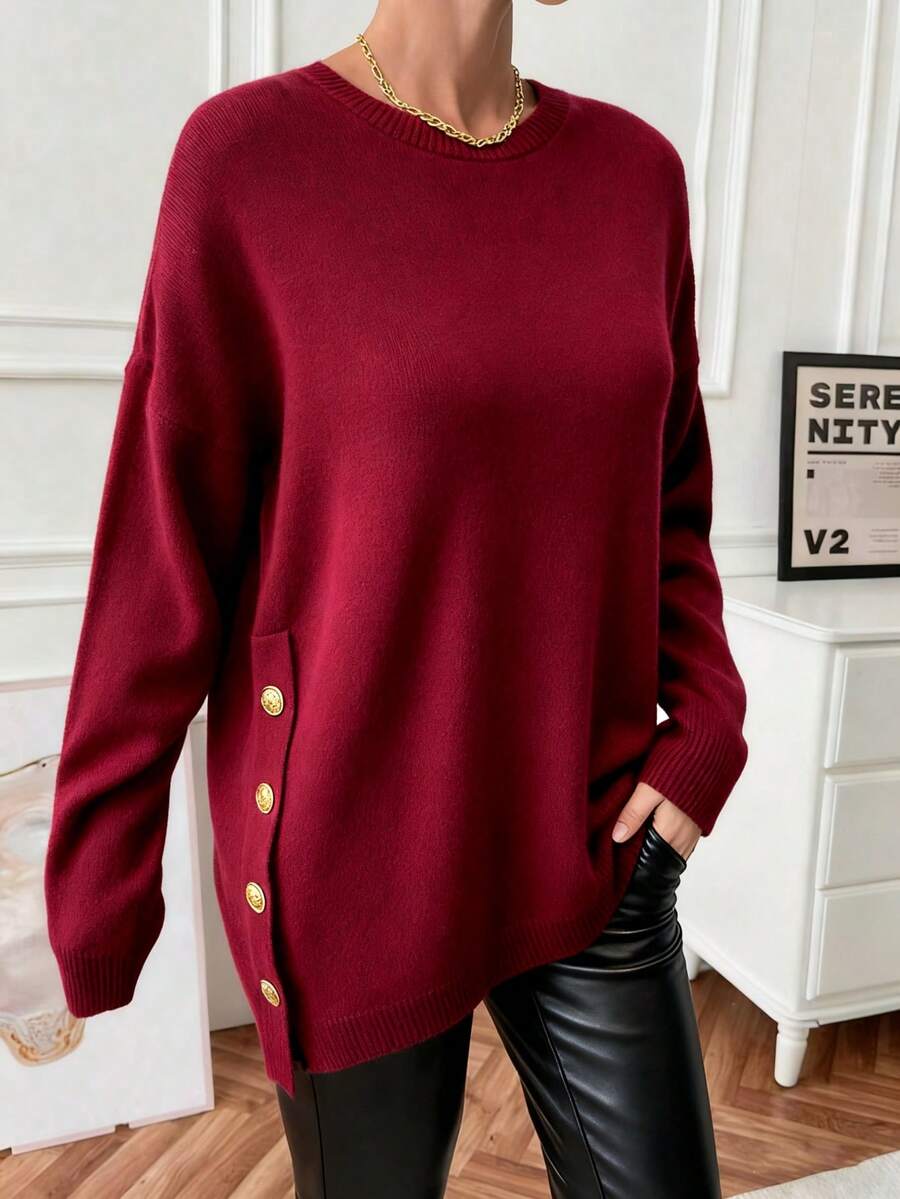 Franclia 女士简约圣诞节/万圣节休闲百搭纯色圆领套头毛衣，优雅侧边纽扣装饰长袖针织衫，适合日常通勤、秋冬季穿着。 - 酒紅色 - 查看 1