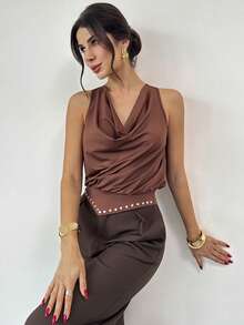 Firerie Women's Elegant Minimalist Casual Fashion Commute Party New Year Valentine's Day Cowl Neck Draped Rivet Brown Camisole Top - Brown - View 4