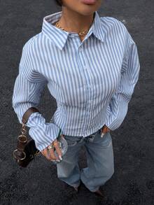 Siren Gaze 女士蓝白条纹宽松衬衫，秋冬款 - 藍白色 - 查看 5