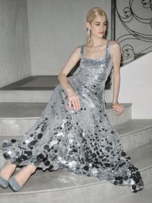 Anewsta Đầm dài hở lưng đính hạt sequin gợi cảm mới cho nữ, màu bạc/xám, phong cách đường phố, châu Âu và Mỹ, thích hợp cho tiệc tùng, sinh nhật, tiệc chiêu đãi - Bạc - Xem 1