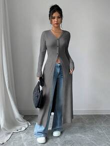 Rafferiza Áo sơ mi nữ tay dài dáng ôm, đơn hàng khuy đơn giản - Xám - Xem 6