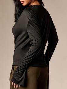 AiiRZ Exaggerated Cowl Neck Long Sleeve Top With Drape Detail For Fall Winter Casual Chic Style - Black - View 2