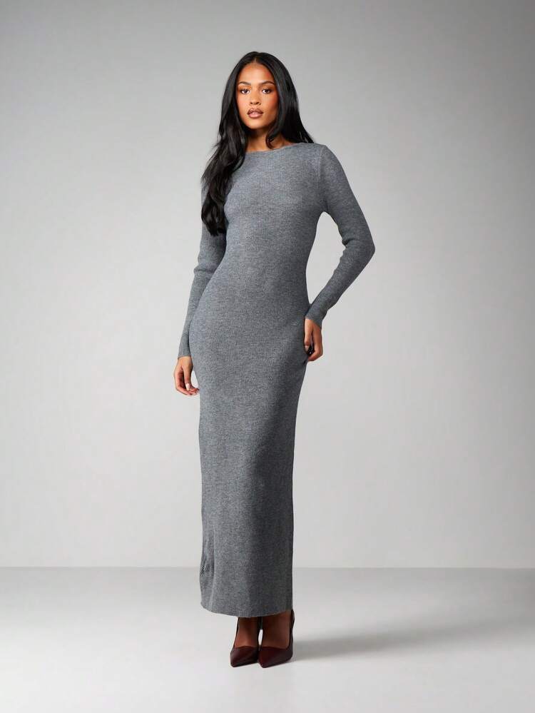 MISSGUIDED Ribbed Knit Long Sleeve Maxi Sweater Dress For Women Fall Winter Bodycon Fitted Column Dress