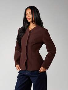 MISSGUIDED Áo khoác blazer không cổ chuyên nghiệp cho công sở, trang phục công sở lịch sự, trang trọng, có cấu trúc phù hợp với nghề nghiệp - Cà phê nâu - Xem 3
