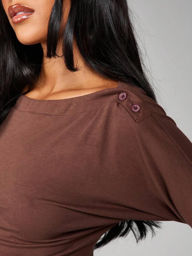 MISSGUIDED Button Shoulder Detail Long Sleeve Top With Off Shoulder Neckline And Ruched Waist