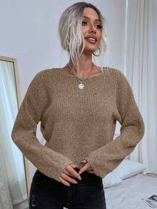 EMERY ROSE Áo len dệt kim dáng rộng màu trơn hở vai đơn giản cho nữ màu xám - Màu nâu  Mocha - Xem 5