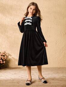 Váy dài tay đính nơ thanh lịch cho bé gái, thời trang mùa xuân và mùa thu - màu đen - Xem 1