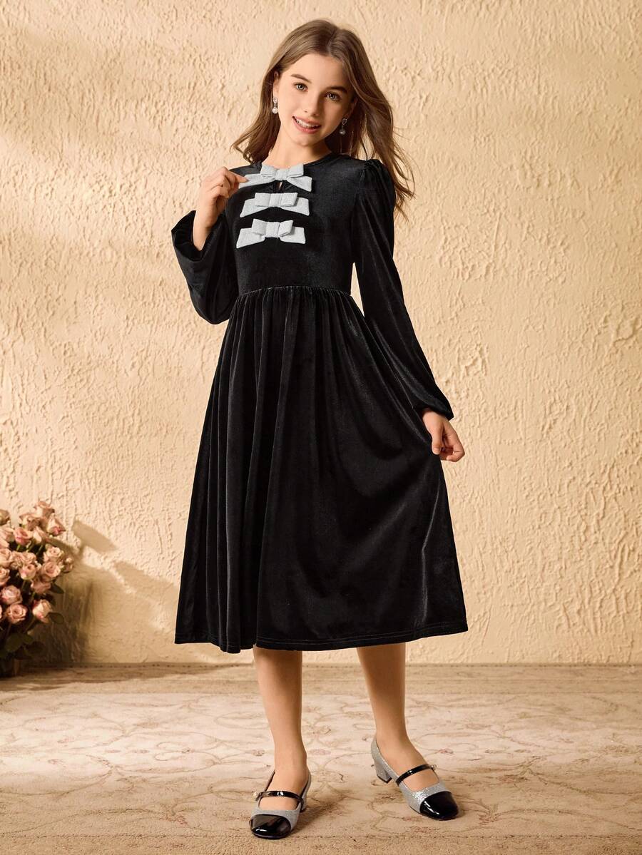 Váy dài tay đính nơ thanh lịch cho bé gái, thời trang mùa xuân và mùa thu - màu đen - Xem 1