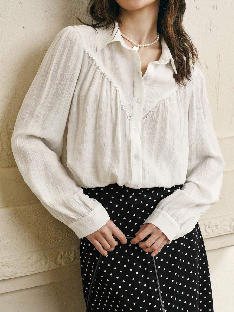 Cévolie 女式纯色长袖单排扣休闲宽松衬衫 - 白色 - 查看 1