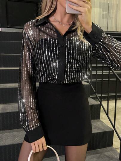 Elyressa Women's Fashionable Commuter Sexy Sheer Sequin Mesh Blouse
