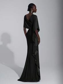 Elitara Elegant Luxurious Navy Blue Satin Ruffle Sleeve Sexy Slit Fishtail Bridesmaid Dress - Black - View 3