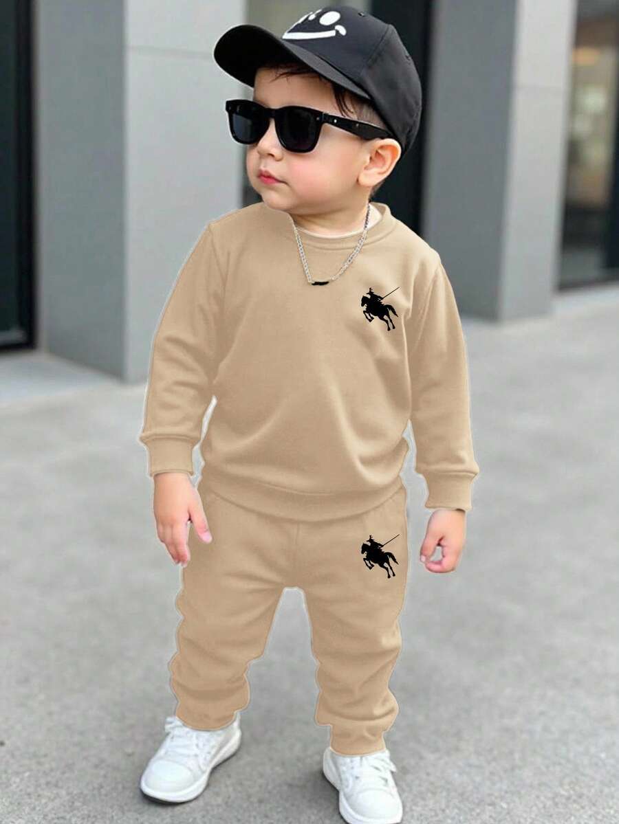 男婴针织柔软休闲经典骑士图案印花圆领套头卫衣套装，加厚设计，适合秋冬季穿着 - 卡其色 - 查看 1